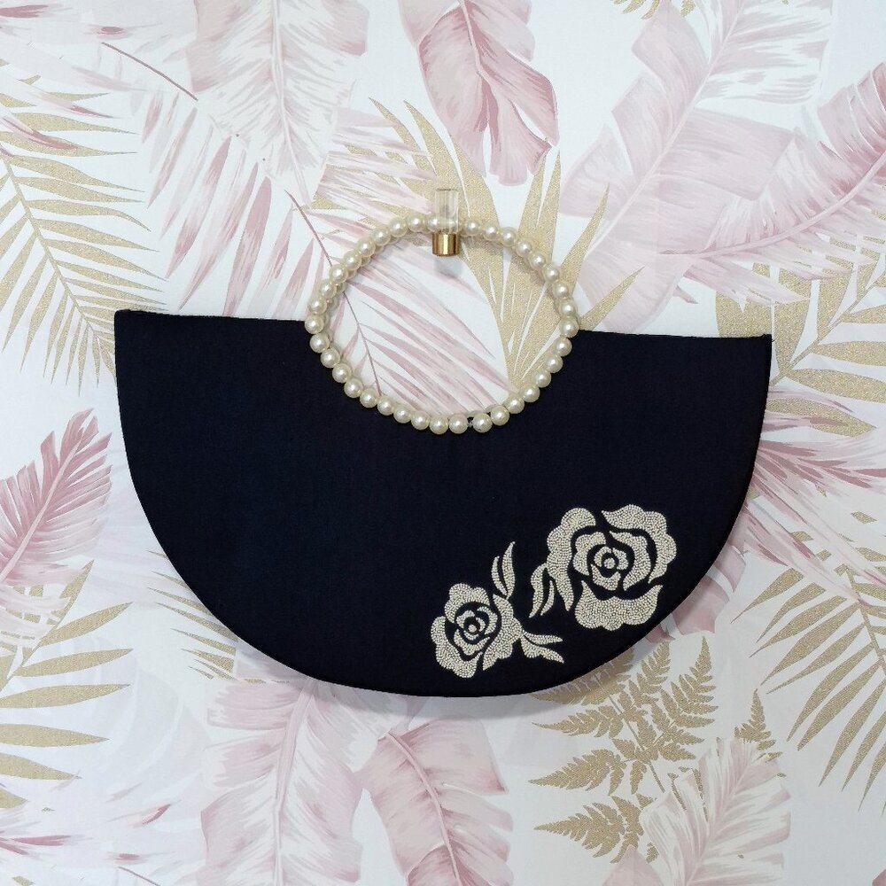 EUC Shiraleah black crescent shaped handbag w/ faux pearl handles and embroidery